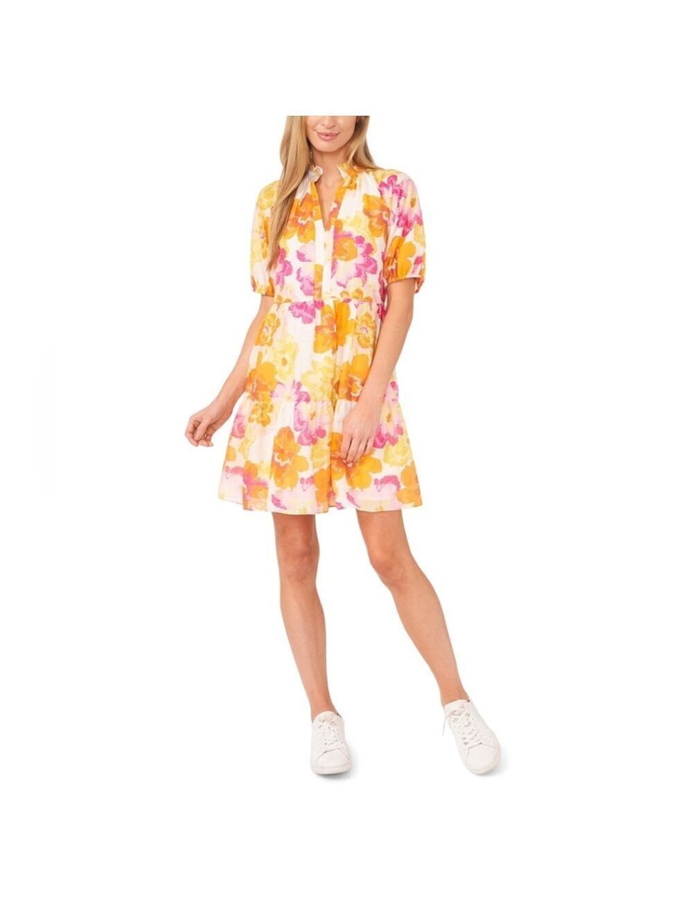CeCe Tiered‎ Split Ruffle Collar V Neck Baby Doll Floral Dress SZ M Pink Yellow